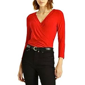 SOFT SURROUNDINGS WRAP TOP L RED V NECK 3/4 SLV VALENTINES FEMININE COQUETTE